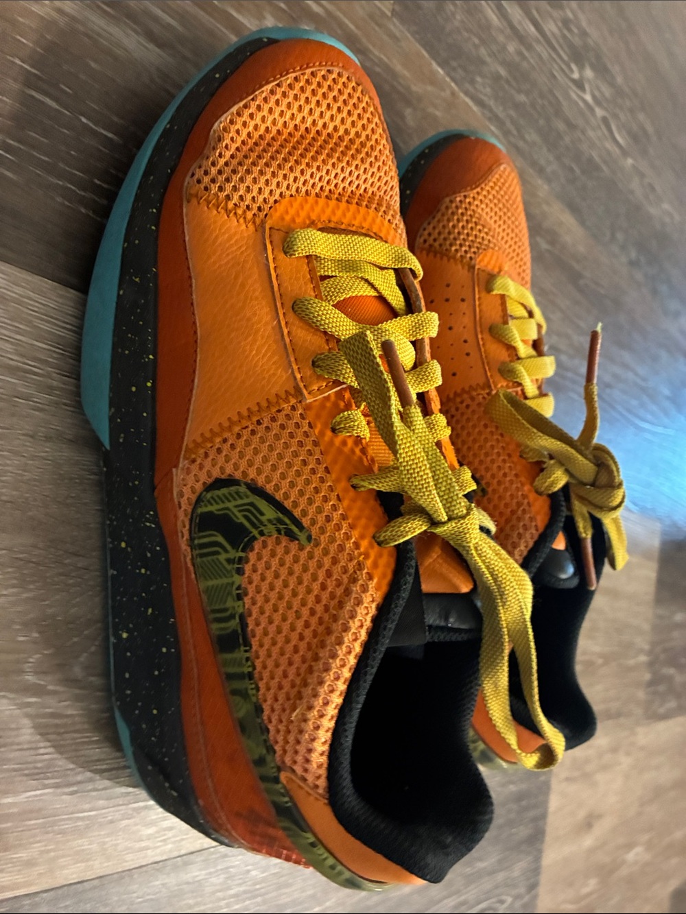 Nike Kids Orange and Yellow Mesh Athletic Sneakers with Teal Sole
